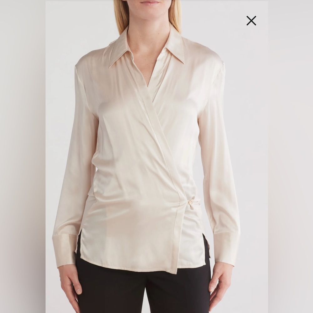 L’AGENCE Sora Long Sleeve Silk Wrap Top in. Champagne color